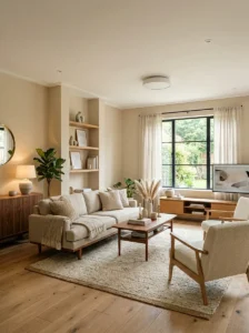 Minimal modern ceiling molding in neutral living room