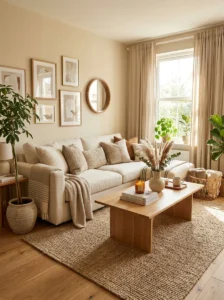 Neutral cozy room with layered textures and soft warm decor.