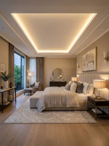 Luxury bedroom with floating POP ceiling and soft warm lighting
