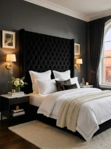 Bedroom featuring a black velvet statement headboard.
