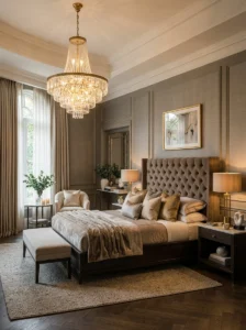 Dream bedroom featuring a statement chandelier and elegant lighting.