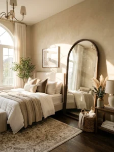 Dream bedroom featuring a large decorative mirror.