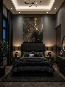 Black bedroom with oversized moody artwork above the bed.