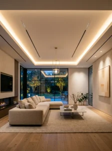 Minimal luxury ceiling design with warm modern lighting
