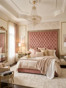 Glam bedroom featuring velvet furniture and luxurious metallic accents.