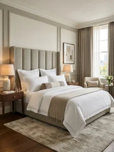 Boutique hotel-inspired dream bedroom with elegant decor.