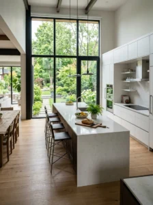 Alt Text: Open kitchen featuring floor-to-ceiling windows and garden views.
