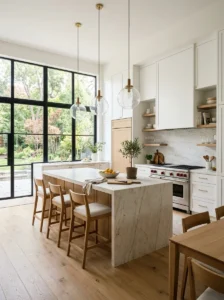 Alt Text: Bright white open kitchen with airy modern styling and natural light.