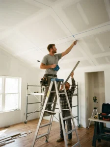 Marking faux beam placement lines on a ceiling