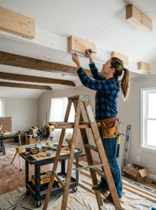 Measuring ceiling and cutting mounting blocks for faux beam installation