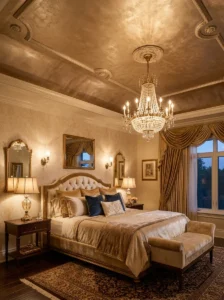 Metallic painted ceiling adding glamour to a luxury bedroom