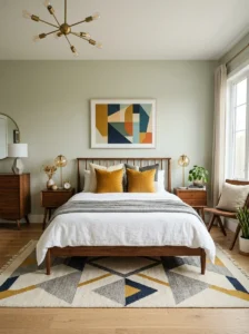 Mid-century modern bedroom featuring walnut furniture and retro-inspired decor.