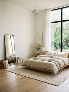 Aesthetic bedroom with open space, clean design, and balanced decor.