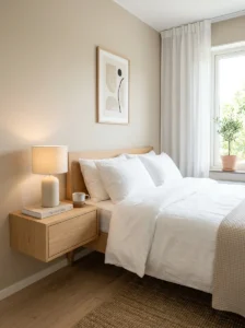 Minimalist bedside setup with floating nightstand and simple decor.