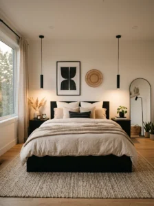 Black and beige modern bedroom with sleek minimalist styling.