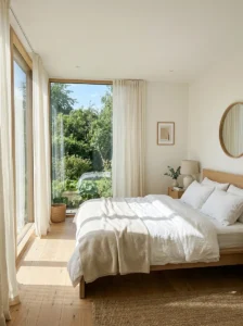 Bright minimalist bedroom with floor-to-ceiling windows, sheer linen curtains, sunlight streaming across white bedding, light oak furniture, airy open space, Scandinavian interior design, clean modern decor, luxury photography, Pinterest bedroom inspiration, vertical 2:3 ratio