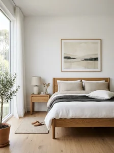 Minimal bedroom with simple wall decor and clean white walls.