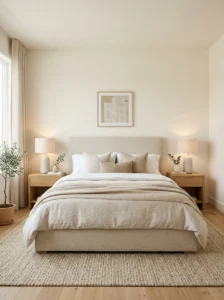 Minimal bedroom with symmetrical bedside tables and matching lamps.