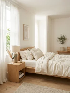 Alt Text: Soft white minimalist bedroom with light wood furniture and neutral bedding.