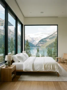 Alt Text: Minimalist bedroom with large windows and abundant natural light.