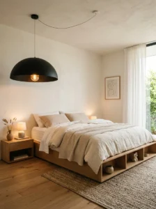 Alt Text: Minimalist bedroom with statement lighting and neutral decor.