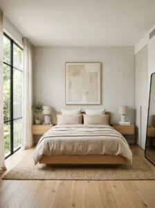 Minimal bedroom featuring a low platform bed and modern low-profile furniture.