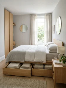 Minimal bedroom with hidden storage drawers and clutter-free organization.