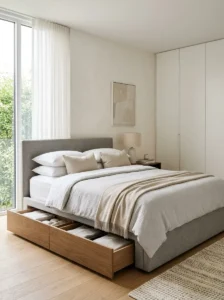 Alt Text: Minimalist bedroom featuring hidden storage and organized design.