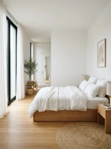 Minimalist bedroom with clean lines and uncluttered design.