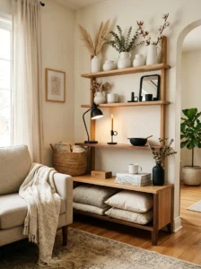 Black and white decor balancing mixed wood finishes