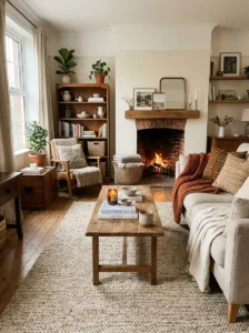 Neutral rugs and textiles softening mixed wood furniture