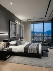 Modern bedroom with sleek furniture, neutral colors, and minimalist decor.