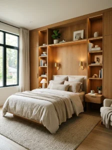 Modern bedroom with sleek built-in shelves and warm lighting.