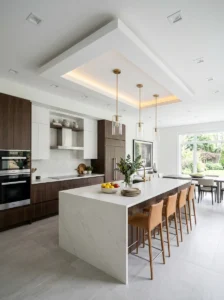 Modern kitchen with minimal POP ceiling and recessed lighting