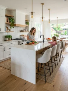 Alt Text: Open kitchen featuring a breakfast bar with stylish seating.