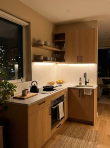 Very small kitchen illuminated with warm under-cabinet lighting.