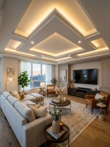 Modern living room with layered POP ceiling and warm recessed lighting