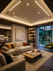 Luxury living room with recessed ceiling lighting and warm glow