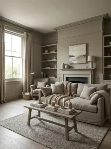 Matching wall and molding paint in cozy neutral room