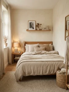 Small monochrome bedroom with soft neutral decor styling.