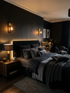 Black bedroom featuring layered lighting and cozy ambiance.
