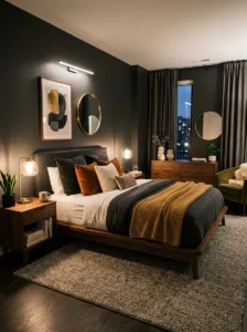 Dark modern bedroom with soft lighting and cozy textures.