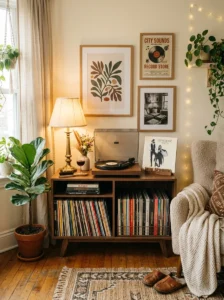Aesthetic room featuring a record player corner and vinyl collection.