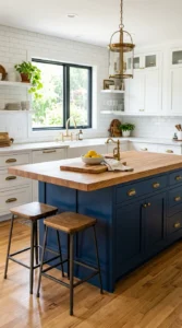 Colorful painted kitchen island in deep navy blue.