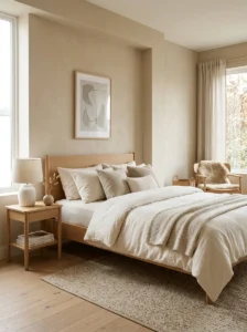Neutral minimalist bedroom decorated with beige and cream tones.
