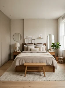 Neutral modern bedroom with sleek hidden storage solutions.