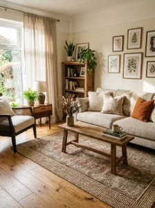 Mixed wood furniture paired naturally with warm oak flooring