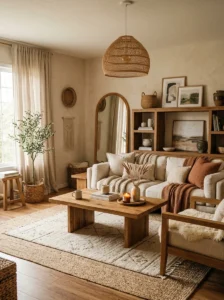 Warm oak furniture creating a dominant wood tone in a cozy living room