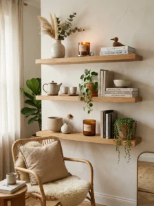 Open shelving styled with minimal Japandi decor