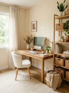 Layered neutral office decor with cozy textures and earthy styling